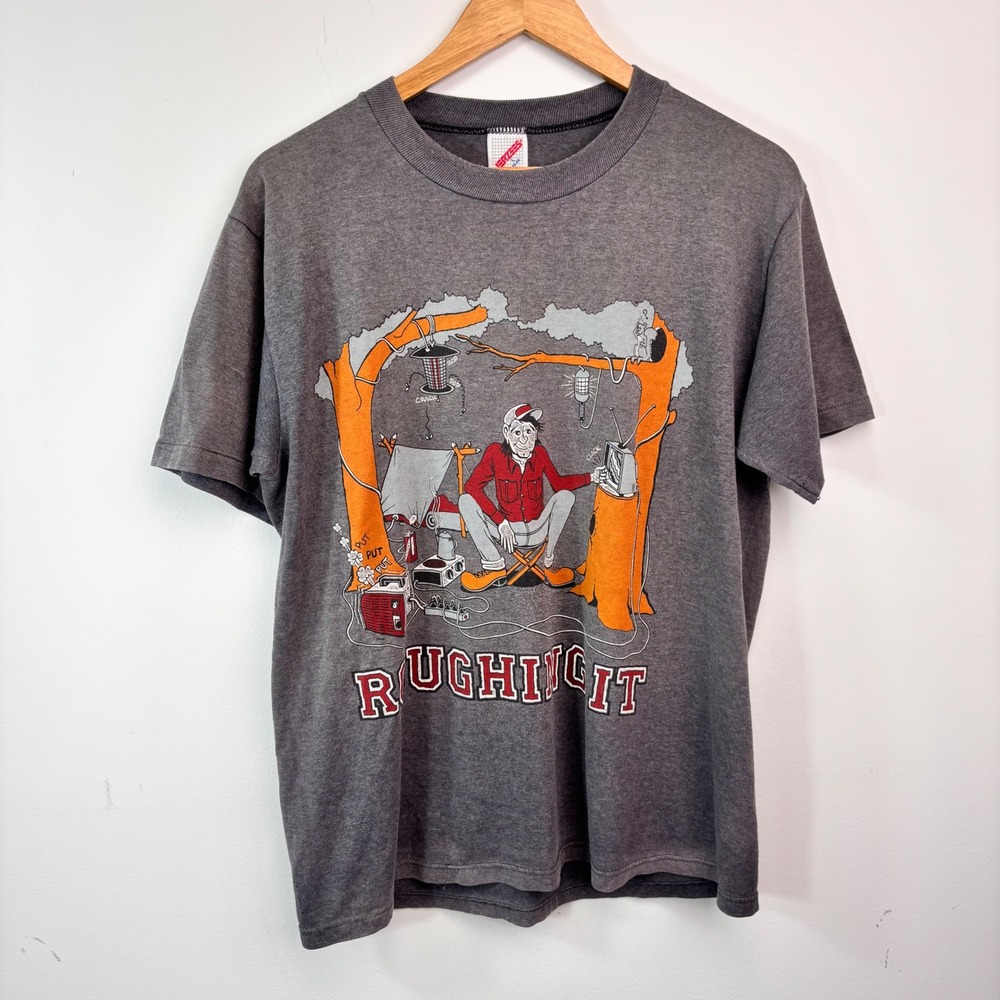 Vintage 1988 Roughing It Camping Cartoon T Shirt Jerzees USA Gray XL